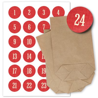 ADVENTSKALENDER SET zum Befüllen - Zahl auf Rot - mit 24 Tüten und passenden weihnachtlichen Zahlen Aufklebern für Weihnachten, Advent