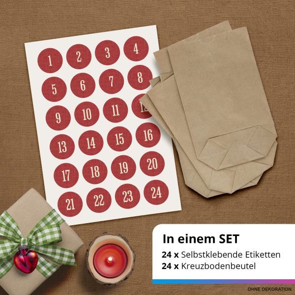 ADVENTSKALENDER SET zum Befüllen - Zahl auf Rot - mit 24 Tüten und passenden weihnachtlichen Zahlen Aufklebern für Weihnachten, Advent – Bild 2
