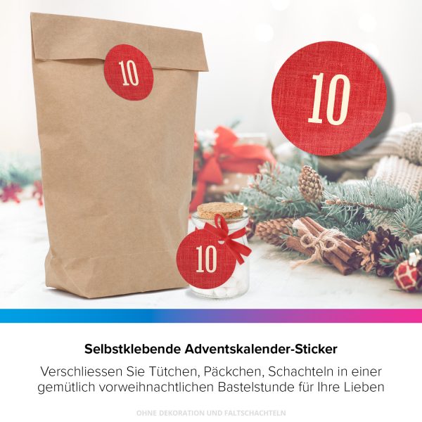 ADVENTSKALENDER SET zum Befüllen - Zahl auf Rot - mit 24 Tüten und passenden weihnachtlichen Zahlen Aufklebern für Weihnachten, Advent – Bild 3