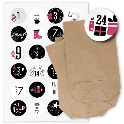 ADVENTSKALENDER SET zum Befüllen - Schwarz Rot Modern - mit 24 Tüten und passenden weihnachtlichen Zahlen Aufklebern für Weihnachten, Advent
