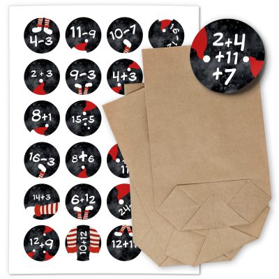 ADVENTSKALENDER SET zum Befüllen - Mathe Aufgaben Rechnen schwarz - mit 24 Tüten und passenden weihnachtlichen Zahlen Aufklebern für Weihnachten, Advent