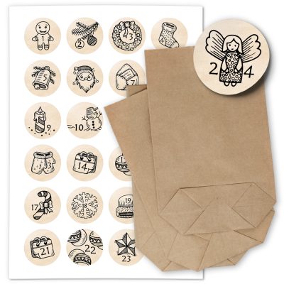 ADVENTSKALENDER SET zum Befüllen - Gezeichnete Weihnachtssymbole - mit 24 Tüten und passenden weihnachtlichen Zahlen Aufklebern für Weihnachten, Advent