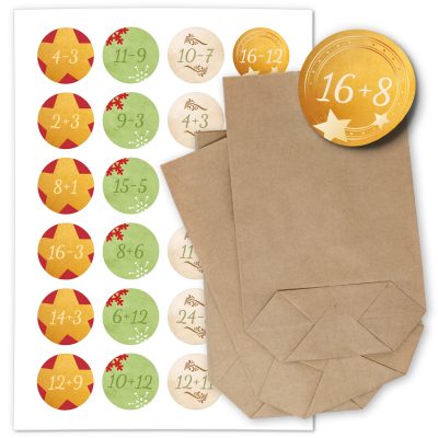 ADVENTSKALENDER SET zum Befüllen - Mathe Aufgaben Bunter Mix rechnen - mit 24 Tüten und passenden weihnachtlichen Zahlen Aufklebern für Weihnachten, Advent