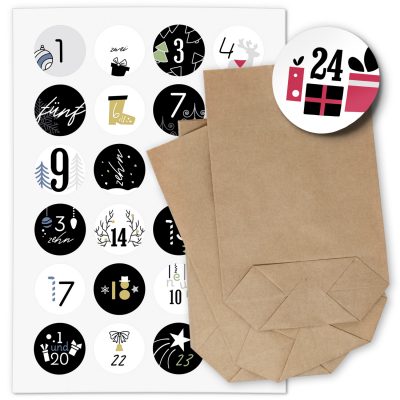 ADVENTSKALENDER SET zum Befüllen - Modern Schwarz Bunt - mit 24 Tüten und passenden weihnachtlichen Zahlen Aufklebern für Weihnachten, Advent