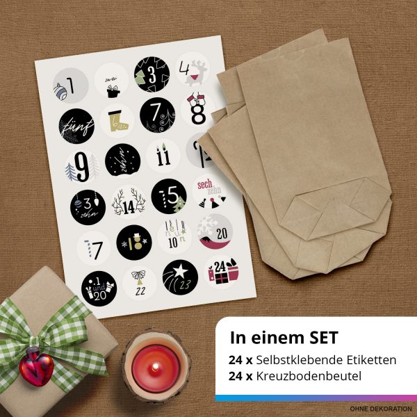 ADVENTSKALENDER SET zum Befüllen - Modern Schwarz Bunt - mit 24 Tüten und passenden weihnachtlichen Zahlen Aufklebern für Weihnachten, Advent – Bild 2
