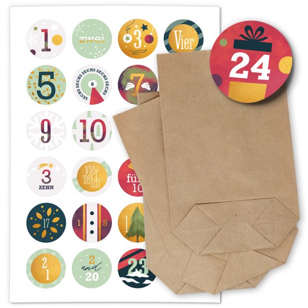 ADVENTSKALENDER SET zum Befüllen - Bunter Mix Typo Zahlen - mit 24 Tüten und passenden weihnachtlichen Zahlen Aufklebern für Weihnachten, Advent