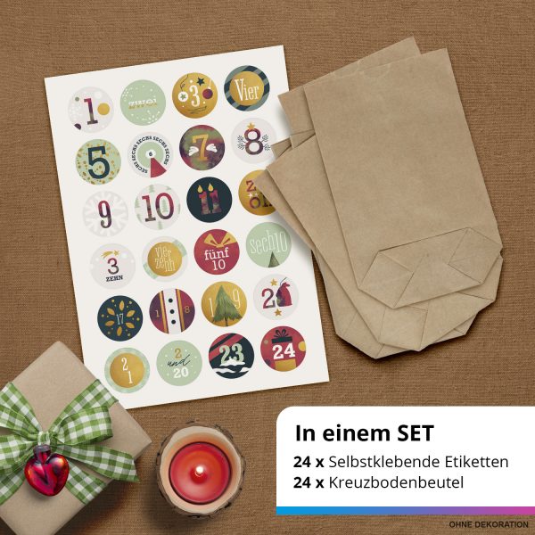 ADVENTSKALENDER SET zum Befüllen - Bunter Mix Typo Zahlen - mit 24 Tüten und passenden weihnachtlichen Zahlen Aufklebern für Weihnachten, Advent – Bild 2