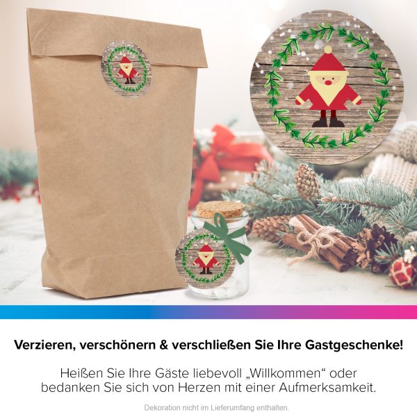 48 Weihnachtsaufkleber Weihnachtsmann mit Holzhintergrund - für Geschenke zu Weihnachten / Sticker / Aufkleber / Etiketten / Geschenkaufkleber rund / Set – Bild 4