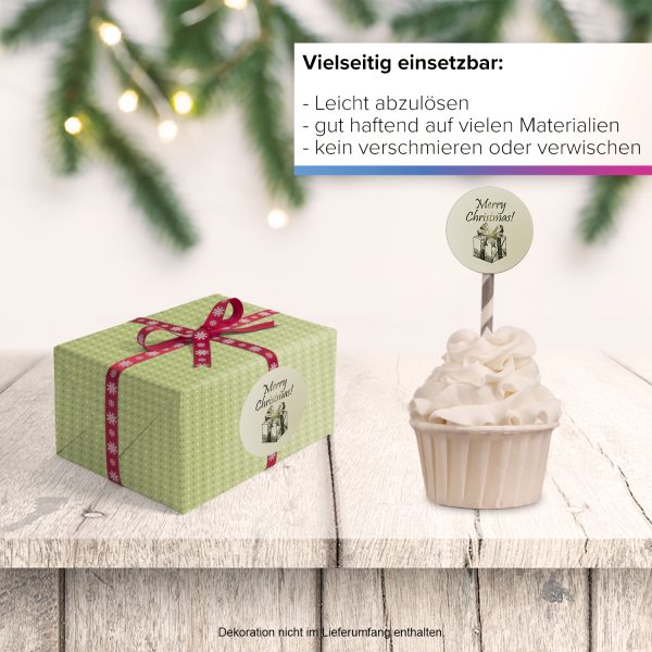 48 Weihnachtsaufkleber Vintage Merry Christmas mit Geschenkpaket - für Geschenke zu Weihnachten / Sticker / Aufkleber / Etiketten / Geschenkaufkleber rund / Set – Bild 6