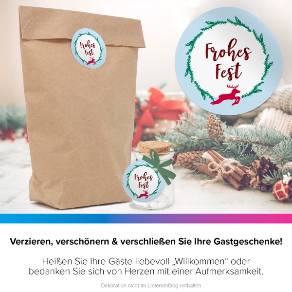 48 Weihnachtsaufkleber Rentier mit Weihnachtsgruß Frohes Fest - für Geschenke zu Weihnachten / Sticker / Aufkleber / Etiketten / Geschenkaufkleber rund / Set – Bild 4