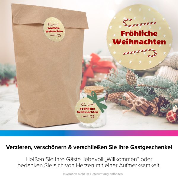 48 Weihnachtsaufkleber Zuckerstange mit Weihnachtsgruß Fröhliche Weihnachten und Sternen - für Geschenke zu Weihnachten / Sticker / Aufkleber / Etiketten / Geschenkaufkleber rund / Set – Bild 4