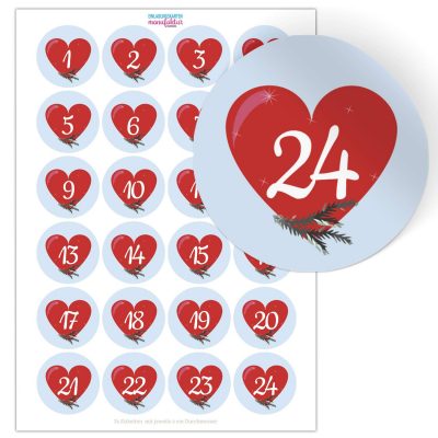 Adventskalender-Zahlen Aufkleber 1 bis 24 / Herz rot / Etiketten / Sticker / Weihnachtskalender / Advent / Rund / DIY / zum Aufkleben