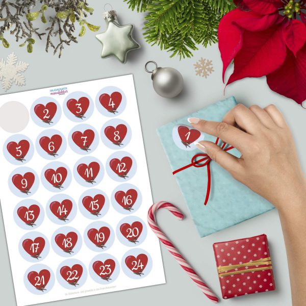Adventskalender-Zahlen Aufkleber 1 bis 24 / Herz rot / Etiketten / Sticker / Weihnachtskalender / Advent / Rund / DIY / zum Aufkleben – Bild 2