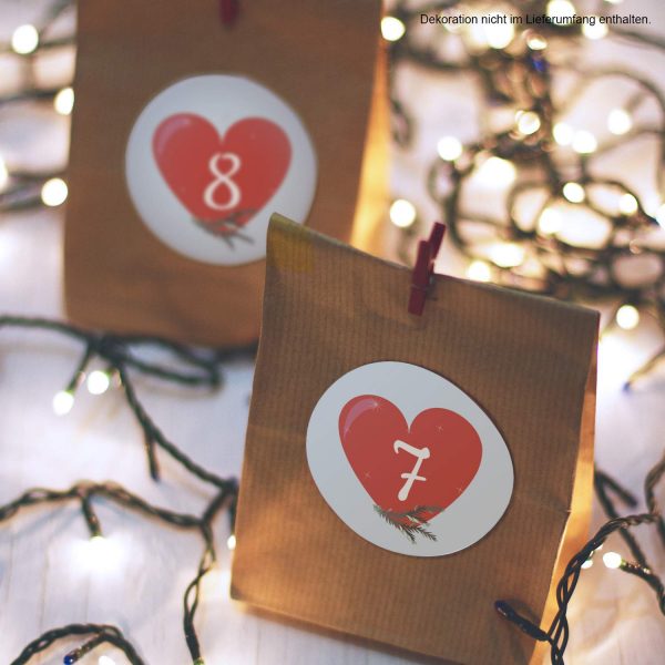 Adventskalender-Zahlen Aufkleber 1 bis 24 / Herz rot / Etiketten / Sticker / Weihnachtskalender / Advent / Rund / DIY / zum Aufkleben – Bild 4
