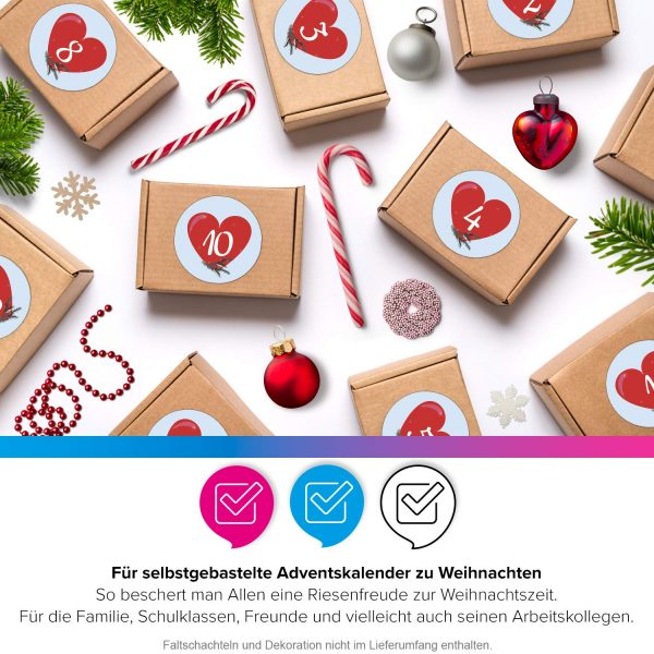 Adventskalender-Zahlen Aufkleber 1 bis 24 / Herz rot / Etiketten / Sticker / Weihnachtskalender / Advent / Rund / DIY / zum Aufkleben – Bild 5