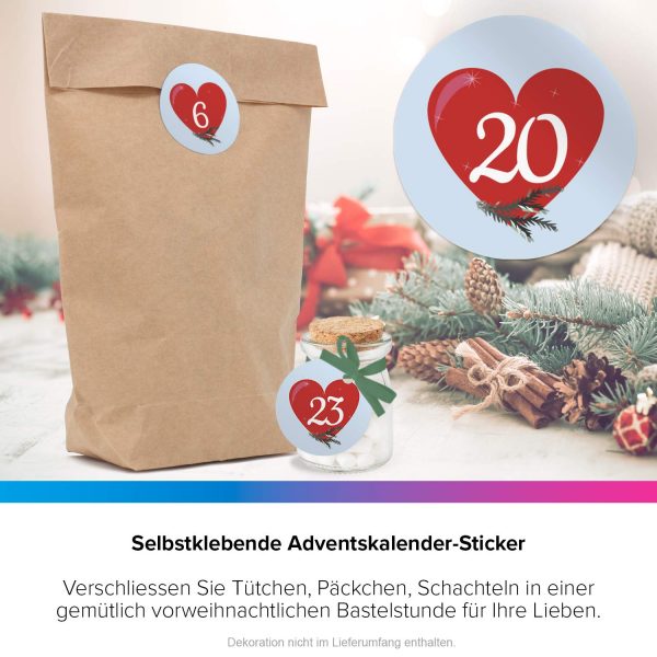 Adventskalender-Zahlen Aufkleber 1 bis 24 / Herz rot / Etiketten / Sticker / Weihnachtskalender / Advent / Rund / DIY / zum Aufkleben – Bild 6