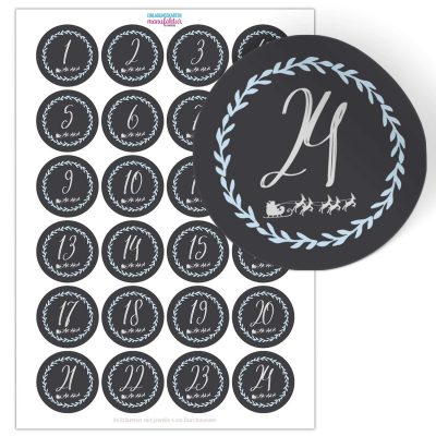 Adventskalender-Zahlen Aufkleber 1 bis 24 / Kreide Tafel Look / Etiketten / Sticker / Weihnachtskalender / Advent / Rund / DIY / zum Aufkleben