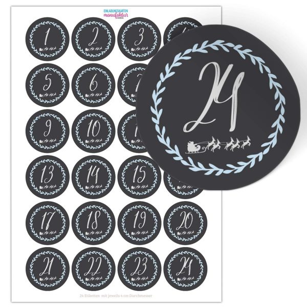 Adventskalender-Zahlen Aufkleber 1 bis 24 / Kreide Tafel Look / Etiketten / Sticker / Weihnachtskalender / Advent / Rund / DIY / zum Aufkleben