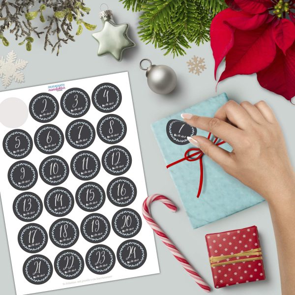 Adventskalender-Zahlen Aufkleber 1 bis 24 / Kreide Tafel Look / Etiketten / Sticker / Weihnachtskalender / Advent / Rund / DIY / zum Aufkleben – Bild 2