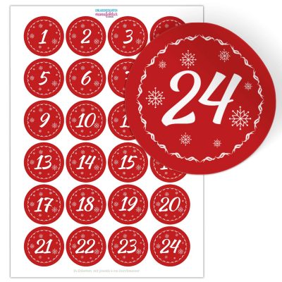 Adventskalender-Zahlen Aufkleber 1 bis 24 / rot Vintage / Etiketten / Sticker / Weihnachtskalender / Advent / Rund / DIY / zum Aufkleben