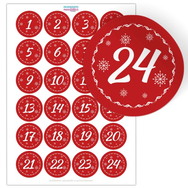 Adventskalender-Zahlen Aufkleber 1 bis 24 / rot Vintage / Etiketten / Sticker / Weihnachtskalender / Advent / Rund / DIY / zum Aufkleben
