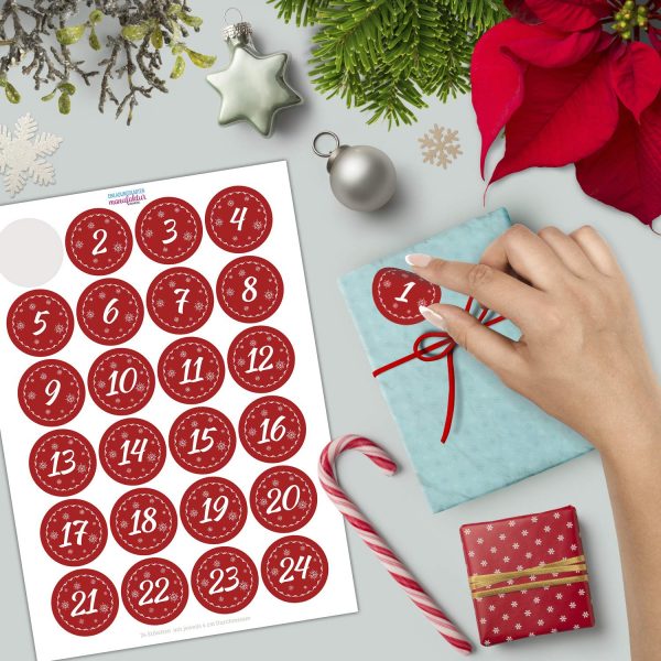Adventskalender-Zahlen Aufkleber 1 bis 24 / rot Vintage / Etiketten / Sticker / Weihnachtskalender / Advent / Rund / DIY / zum Aufkleben – Bild 2