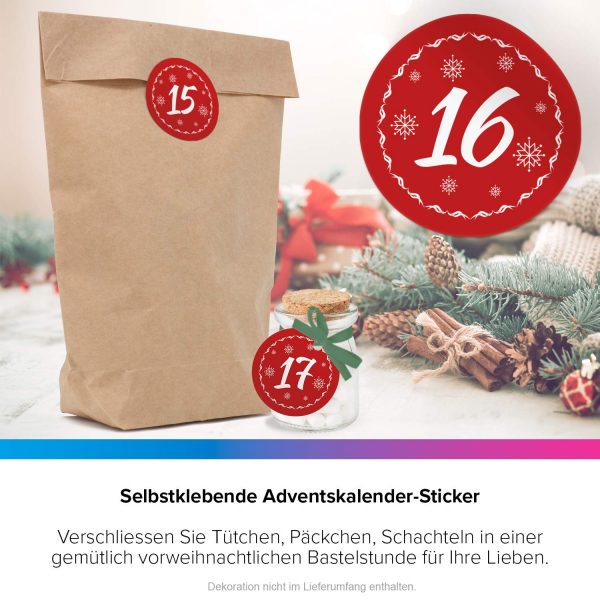 Adventskalender-Zahlen Aufkleber 1 bis 24 / rot Vintage / Etiketten / Sticker / Weihnachtskalender / Advent / Rund / DIY / zum Aufkleben – Bild 6