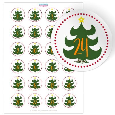 Adventskalender-Zahlen Aufkleber 1 bis 24 / Tannenbaum / Etiketten / Sticker / Weihnachtskalender / Advent / Rund / DIY / zum Aufkleben
