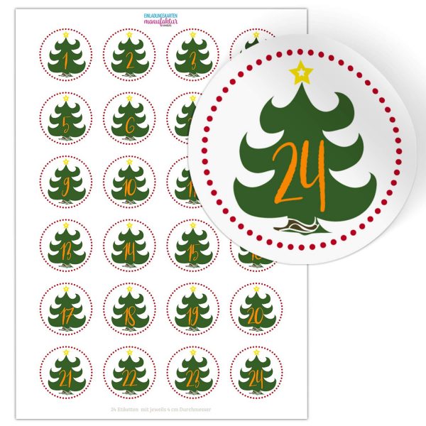 Adventskalender-Zahlen Aufkleber 1 bis 24 / Tannenbaum / Etiketten / Sticker / Weihnachtskalender / Advent / Rund / DIY / zum Aufkleben