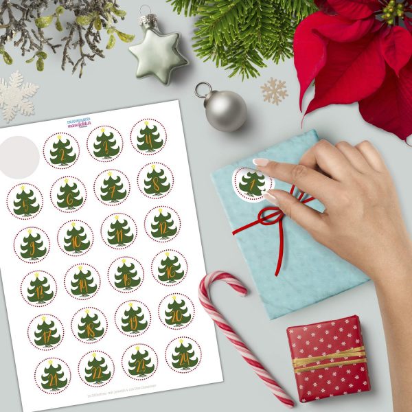 Adventskalender-Zahlen Aufkleber 1 bis 24 / Tannenbaum / Etiketten / Sticker / Weihnachtskalender / Advent / Rund / DIY / zum Aufkleben – Bild 2