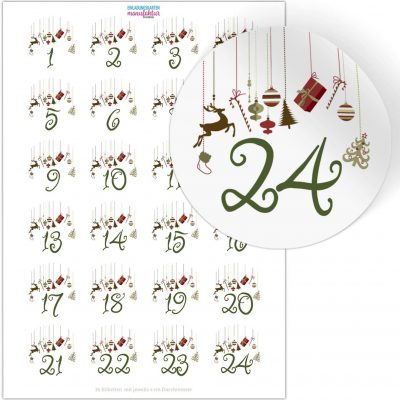 Adventskalender-Zahlen Aufkleber 1 bis 24 / Anhänger Weihnachtlich / Etiketten / Sticker / Weihnachtskalender / Advent / Rund / DIY / zum Aufkleben
