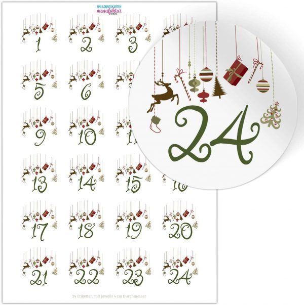 Adventskalender-Zahlen Aufkleber 1 bis 24 / Anhänger Weihnachtlich / Etiketten / Sticker / Weihnachtskalender / Advent / Rund / DIY / zum Aufkleben
