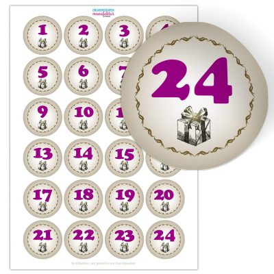 Adventskalender-Zahlen Aufkleber 1 bis 24 / Vintage Geschenk / Etiketten / Sticker / Weihnachtskalender / Advent / Rund / DIY / zum Aufkleben