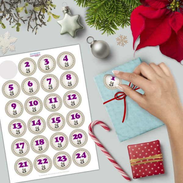 Adventskalender-Zahlen Aufkleber 1 bis 24 / Vintage Geschenk / Etiketten / Sticker / Weihnachtskalender / Advent / Rund / DIY / zum Aufkleben – Bild 2