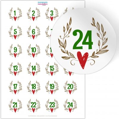 Adventskalender-Zahlen Aufkleber 1 bis 24 / Vintage Modern mit Herz / Etiketten / Sticker / Weihnachtskalender / Advent / Rund / DIY / zum Aufkleben