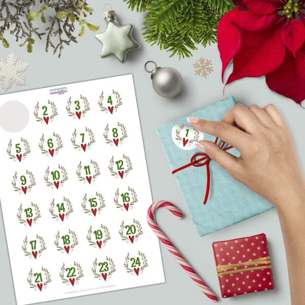 Adventskalender-Zahlen Aufkleber 1 bis 24 / Vintage Modern mit Herz / Etiketten / Sticker / Weihnachtskalender / Advent / Rund / DIY / zum Aufkleben – Bild 2