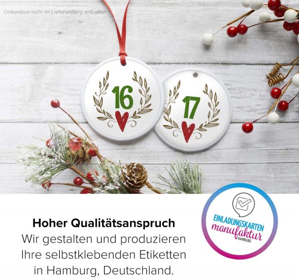 Adventskalender-Zahlen Aufkleber 1 bis 24 / Vintage Modern mit Herz / Etiketten / Sticker / Weihnachtskalender / Advent / Rund / DIY / zum Aufkleben – Bild 3