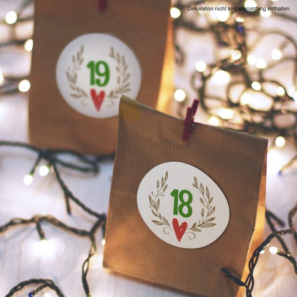 Adventskalender-Zahlen Aufkleber 1 bis 24 / Vintage Modern mit Herz / Etiketten / Sticker / Weihnachtskalender / Advent / Rund / DIY / zum Aufkleben – Bild 4