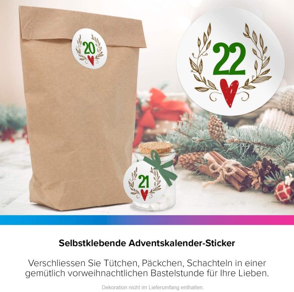Adventskalender-Zahlen Aufkleber 1 bis 24 / Vintage Modern mit Herz / Etiketten / Sticker / Weihnachtskalender / Advent / Rund / DIY / zum Aufkleben – Bild 6