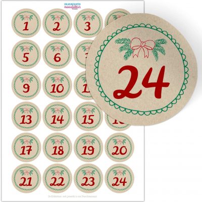 Adventskalender-Zahlen Aufkleber 1 bis 24 / Vintage Look altes Papier / Etiketten / Sticker / Weihnachtskalender / Advent / Rund / DIY / zum Aufkleben