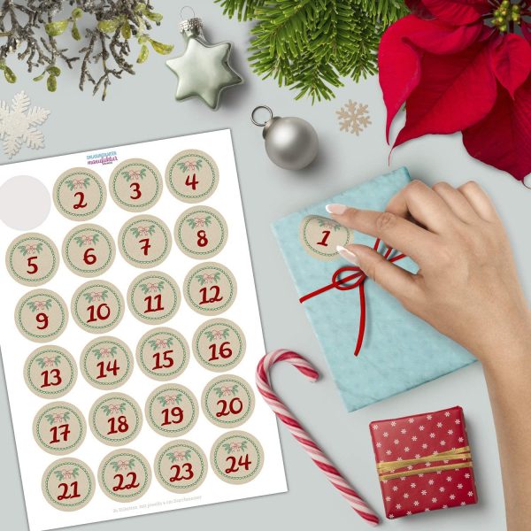 Adventskalender-Zahlen Aufkleber 1 bis 24 / Vintage Look altes Papier / Etiketten / Sticker / Weihnachtskalender / Advent / Rund / DIY / zum Aufkleben – Bild 2