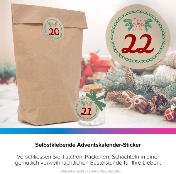 Adventskalender-Zahlen Aufkleber 1 bis 24 / Vintage Look altes Papier / Etiketten / Sticker / Weihnachtskalender / Advent / Rund / DIY / zum Aufkleben – Bild 6