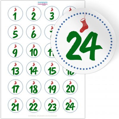 Adventskalender-Zahlen Aufkleber 1 bis 24 / schlicht, modern / Etiketten / Sticker / Weihnachtskalender / Advent / Rund / DIY / zum Aufkleben
