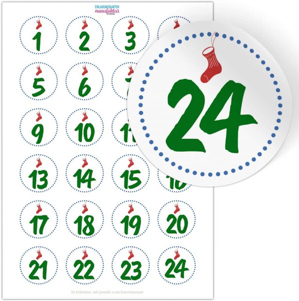 Adventskalender-Zahlen Aufkleber 1 bis 24 / schlicht, modern / Etiketten / Sticker / Weihnachtskalender / Advent / Rund / DIY / zum Aufkleben