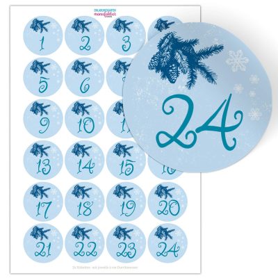 Adventskalender-Zahlen Aufkleber 1 bis 24 / blau mit Zweigen / Etiketten / Sticker / Weihnachtskalender / Advent / Rund / DIY / zum Aufkleben