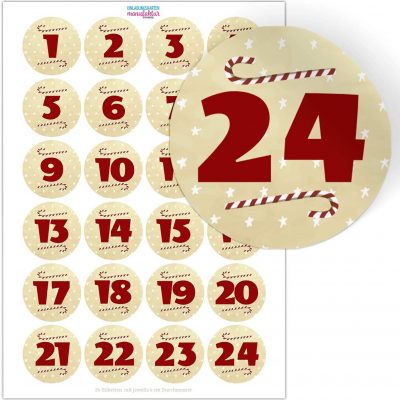Adventskalender-Zahlen Aufkleber 1 bis 24 / Große Zahlen Vintage / Etiketten / Sticker / Weihnachtskalender / Advent / Rund / DIY / zum Aufkleben