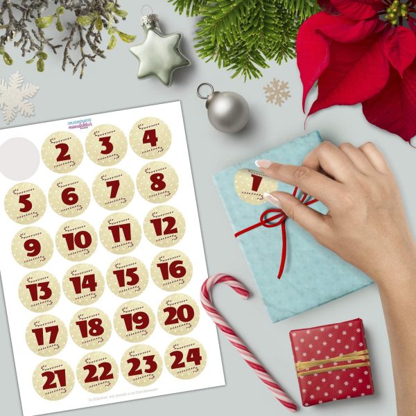 Adventskalender-Zahlen Aufkleber 1 bis 24 / Große Zahlen Vintage / Etiketten / Sticker / Weihnachtskalender / Advent / Rund / DIY / zum Aufkleben – Bild 2