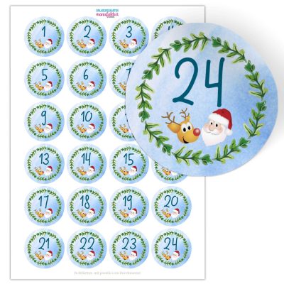 Adventskalender-Zahlen Aufkleber 1 bis 24 / für Kinder / Etiketten / Sticker / Weihnachtskalender / Advent / Rund / DIY / zum Aufkleben