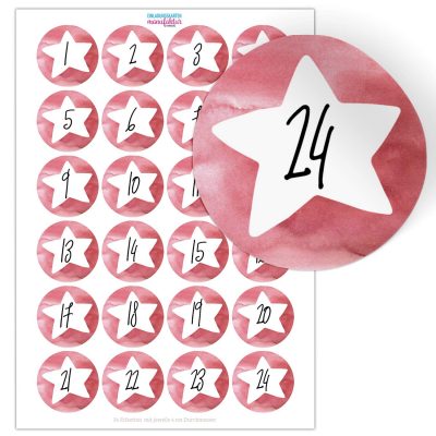 Adventskalender-Zahlen Aufkleber 1 bis 24 / Stern mit Nummern / Etiketten / Sticker / Weihnachtskalender / Advent / Rund / DIY / zum Aufkleben