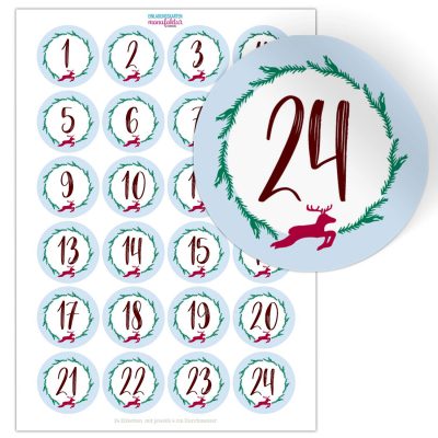 Adventskalender-Zahlen Aufkleber 1 bis 24 / Modern große Zahlen / Etiketten / Sticker / Weihnachtskalender / Advent / Rund / DIY / zum Aufkleben